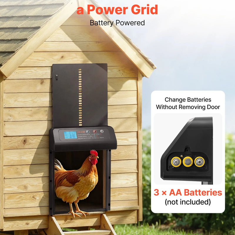 VEVOR automātiskās vistas kūts durvis, akumulatora darbināmas, ar taimeri un manuālo vadību, pretpiestiprināšanas drošība, izturīgs alumīnija sakausējums, automātiska vista ieejas vārti, ūdensizturīgs blīvējums, melnas