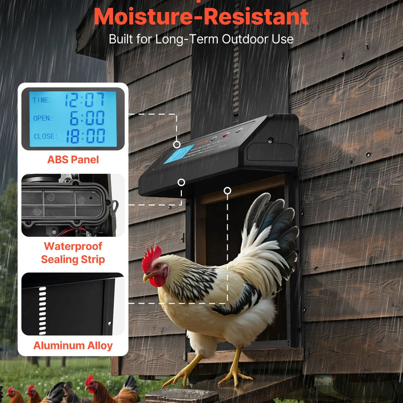 VEVOR automātiskās vistas kūts durvis, akumulatora darbināmas, ar taimeri un manuālo vadību, pretpiestiprināšanas drošība, izturīgs alumīnija sakausējums, automātiska vista ieejas vārti, ūdensizturīgs blīvējums, melnas