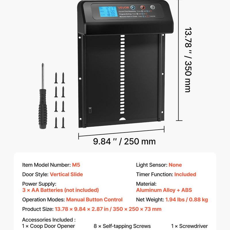 VEVOR automātiskās vistas kūts durvis, akumulatora darbināmas, ar taimeri un manuālo vadību, pretpiestiprināšanas drošība, izturīgs alumīnija sakausējums, automātiska vista ieejas vārti, ūdensizturīgs blīvējums, melnas