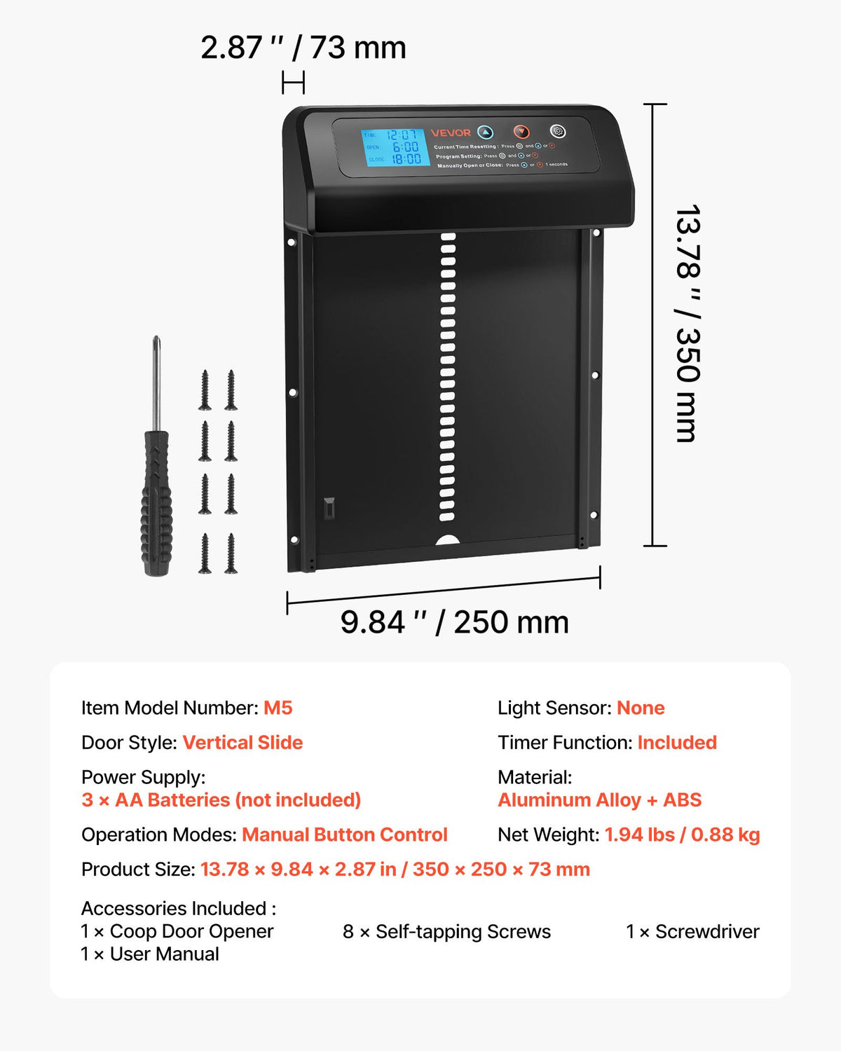 VEVOR Automatic Chicken Coop Door with Timer, Battery, Aluminium, Black