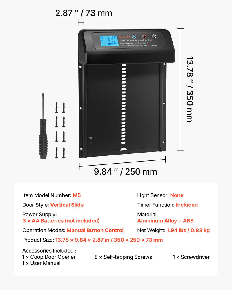 VEVOR automātiskās vistas kūts durvis, akumulatora darbināmas, ar taimeri un manuālo vadību, pretpiestiprināšanas drošība, izturīgs alumīnija sakausējums, automātiska vista ieejas vārti, ūdensizturīgs blīvējums, melnas