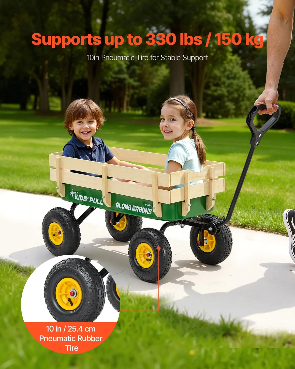 VEVOR bērnu velkamie rati, 101 cm bērnu rati ar koka sānu paneļiem un rokturi, kravnesība līdz 150 kg, universāli rati ar visurgājēja riteņiem dārzam, pludmalei un atpūtai, zaļi - ZEMLETES.LV
