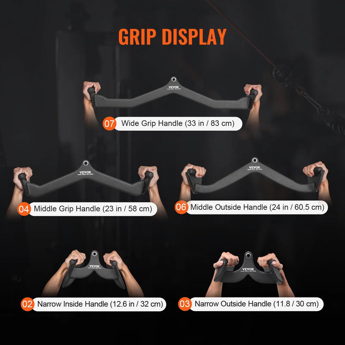 VEVOR kabeļu trenažiera rokturu komplekts, 5 gab., LAT pulldown stienis, T - stienis un V - stienis vilkšanas vingrinājumiem, tricepsa vilkšanas stienis ar gumijotu roktura pārklājumu, bicepsa un muguras spēka treniņiem mājas sporta zālei - ZEMLETES.LV