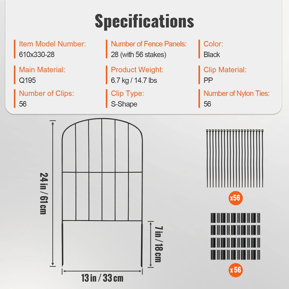 Garden Metal Fence for Animal Barrier 731.5×396.2 cm with 5.1 cm Picket Spacing, 28 Piece Set