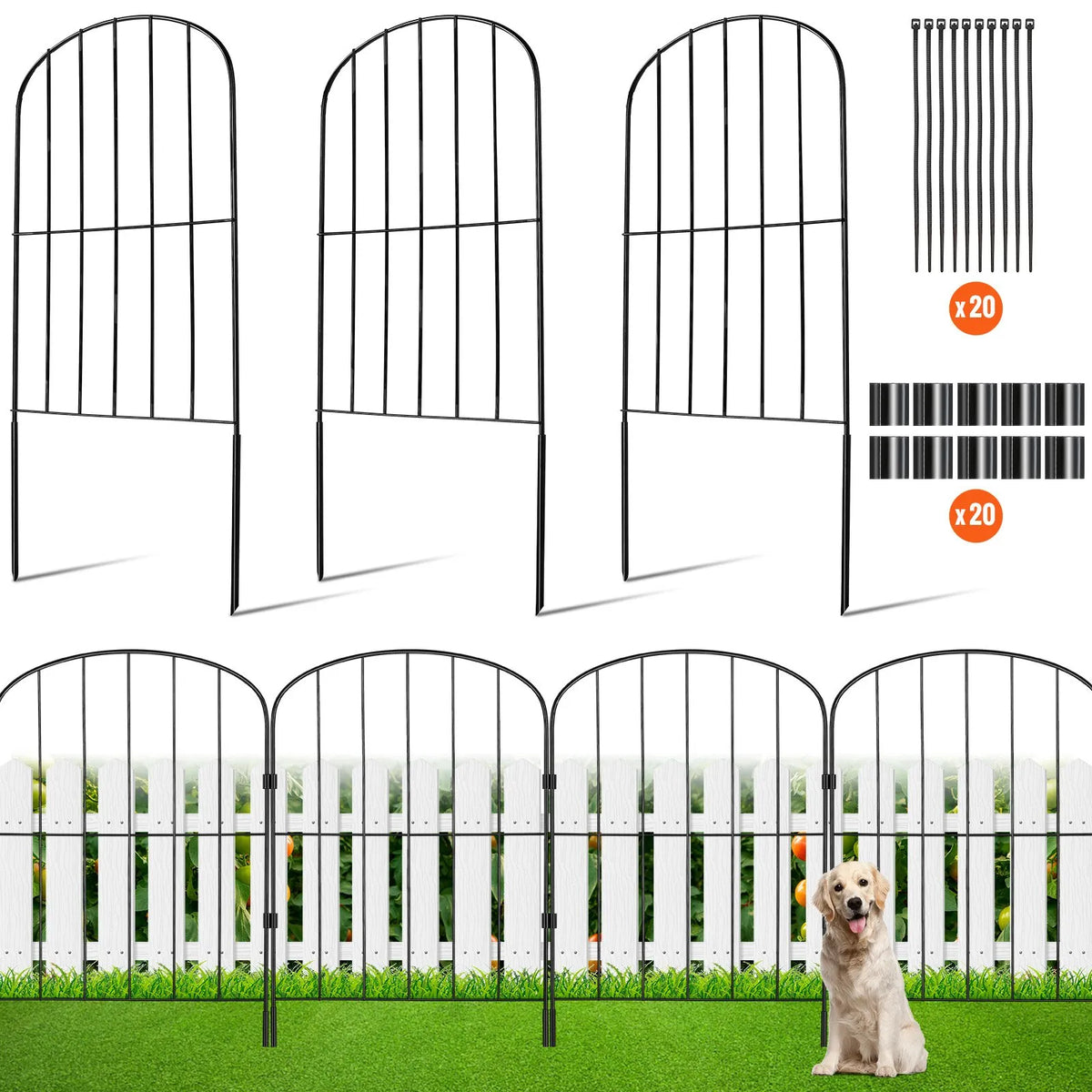 Garden Metal Fence for Animal Barrier 731.5 × 396.2 cm with 5.1 cm Picket Spacing, 10 Piece Set