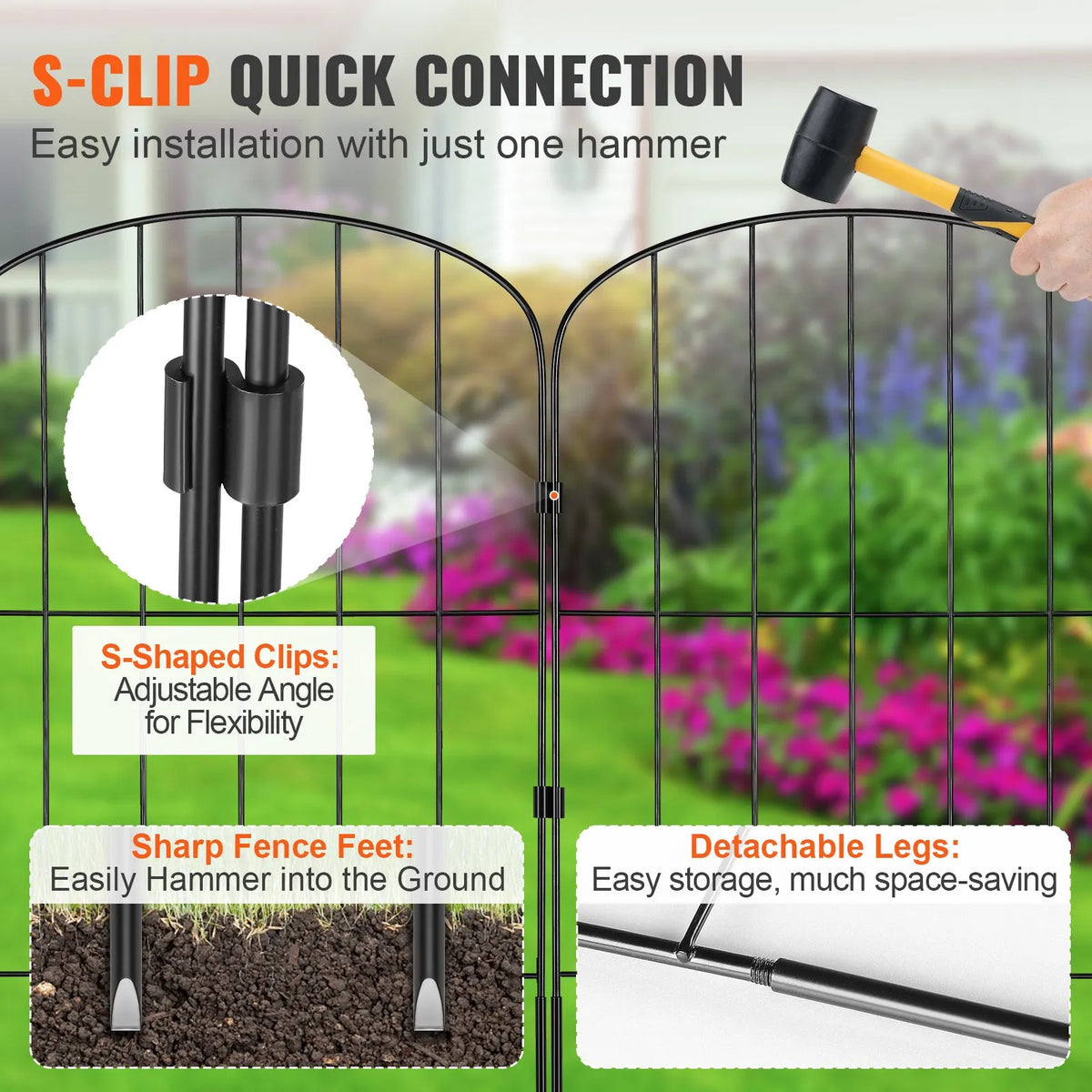 Garden Metal Fence for Animal Barrier 731.5 × 396.2 cm with 5.1 cm Picket Spacing, 10 Piece Set