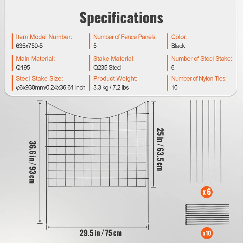 Dārza metāla žogs dzīvnieku barjerai 92,9 × 74,9 см и 16 см mietiņu atstarpi, 5 gab. komplekts