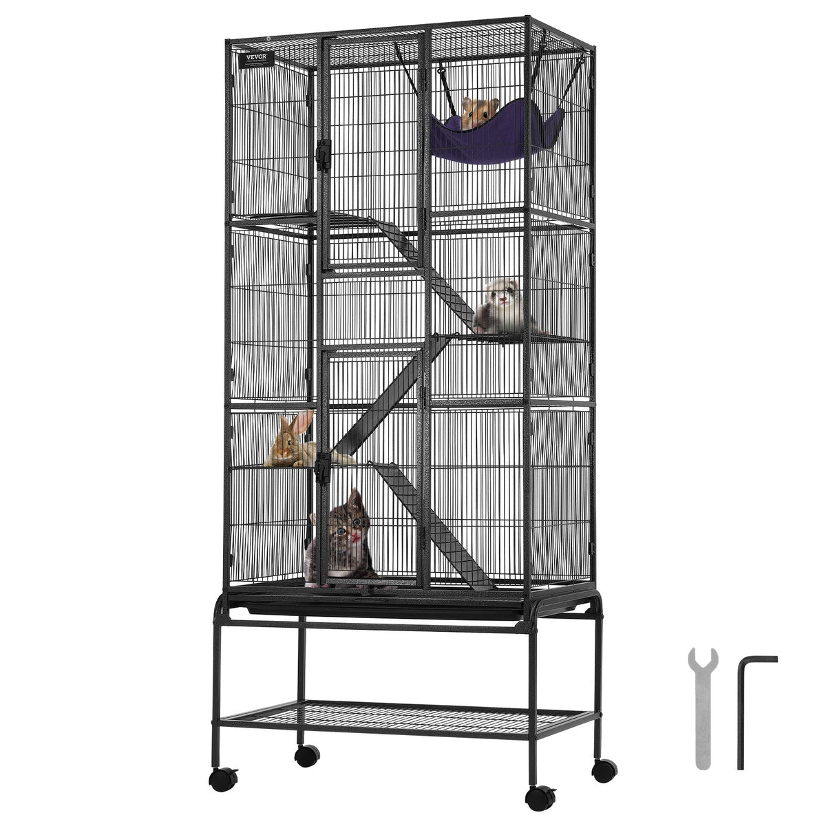 VEVOR 4 līmeņu metāla sesku būris ar ritenīšiem, paplāti un 3 rampām, 175 cm