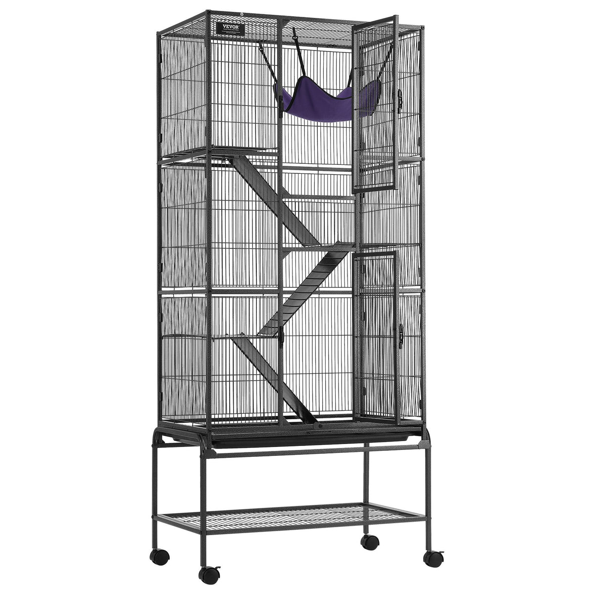 VEVOR 4 līmeņu metāla sesku būris ar ritenīšiem, paplāti un 3 rampām, 175 cm