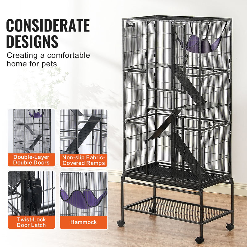 VEVOR 175 cm Metāla mazo dzīvnieku būris 4 līmeņu ritenīšu sesku būris ar paliktni un 3 rampām