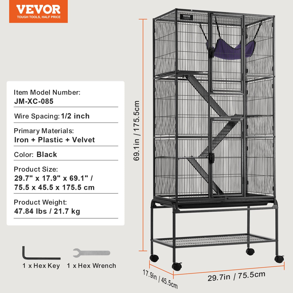 VEVOR 4 līmeņu metāla sesku būris ar ritenīšiem, paplāti un 3 rampām, 175 cm