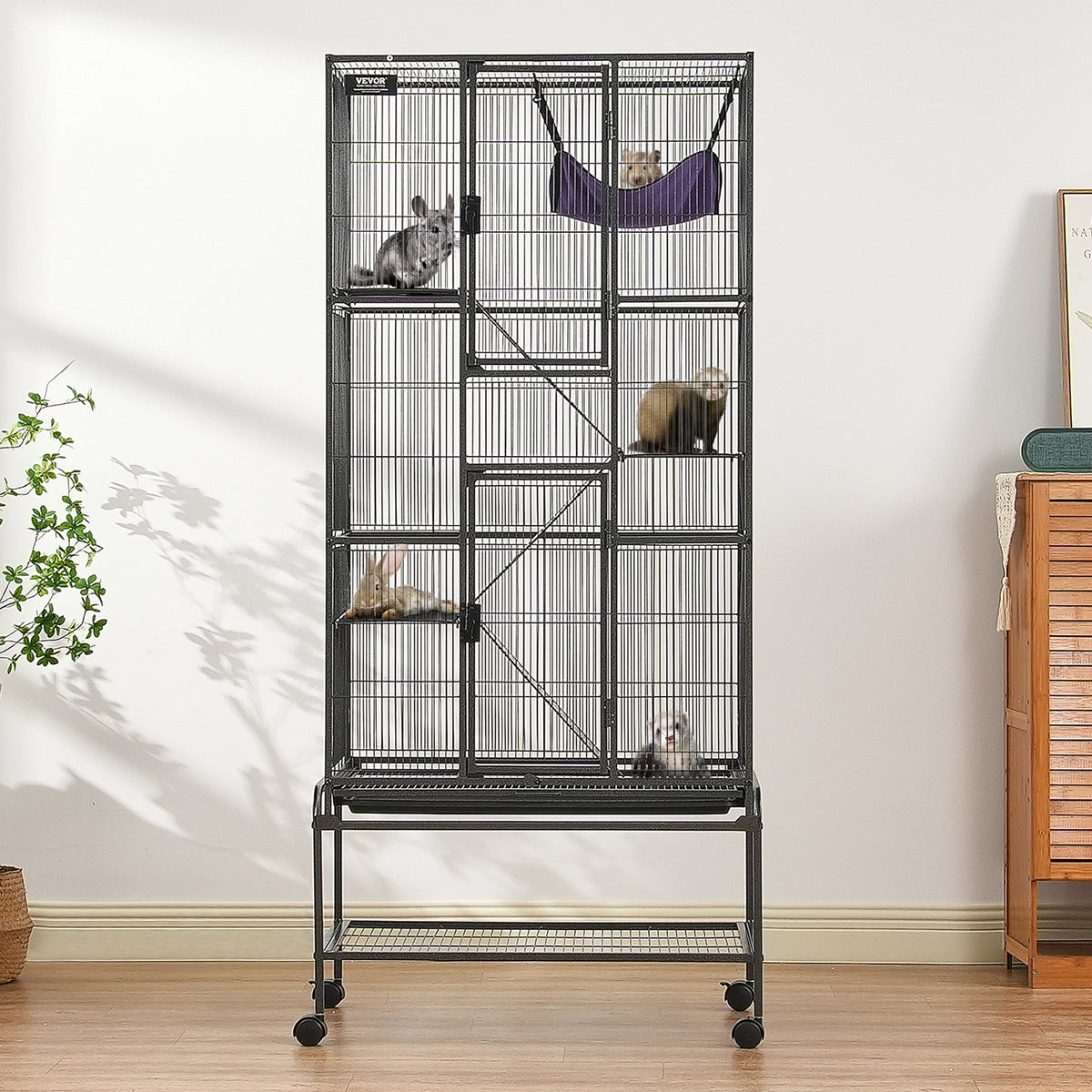 VEVOR 4 līmeņu metāla sesku būris ar ritenīšiem, paplāti un 3 rampām, 175 cm
