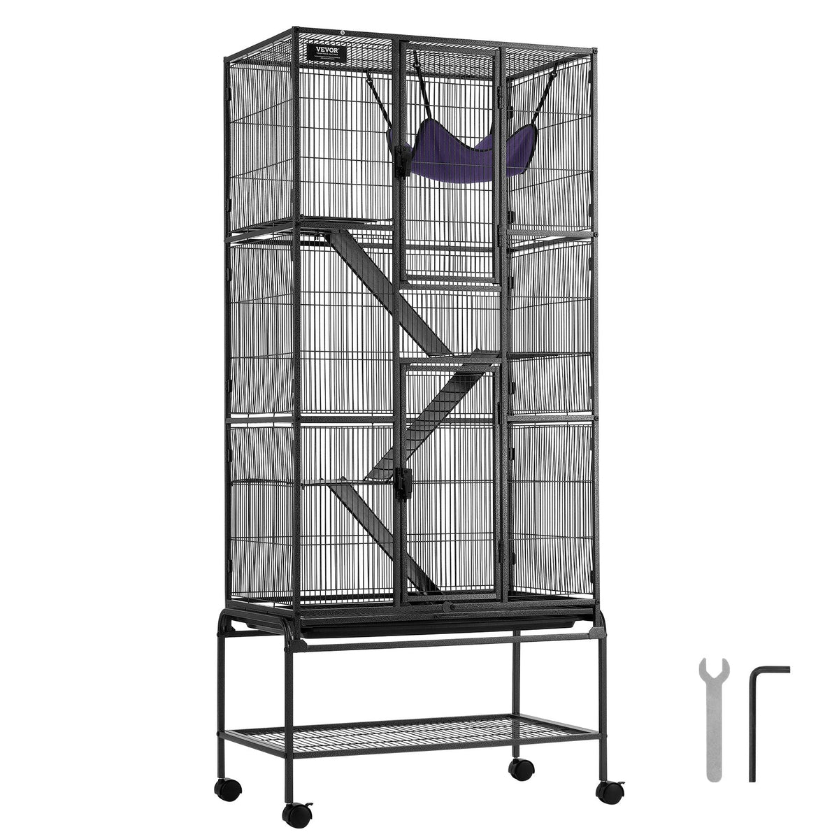 VEVOR 4 līmeņu metāla sesku būris ar ritenīšiem, paplāti un 3 rampām, 175 cm