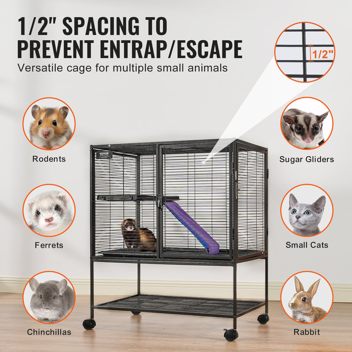 VEVOR Two-Tier Metal Small Pet Cage with Wheels, Tray and Ramp, 91 cm