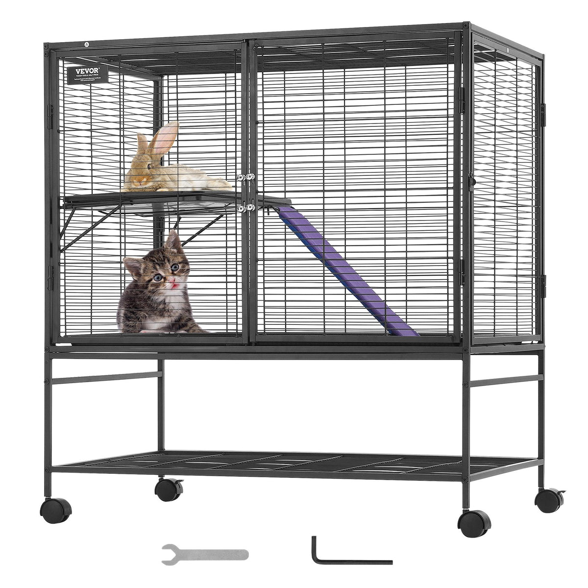 VEVOR divstāvu metāla sesku būris ar ritenīšiem, paplāti un rampu, 99 cm