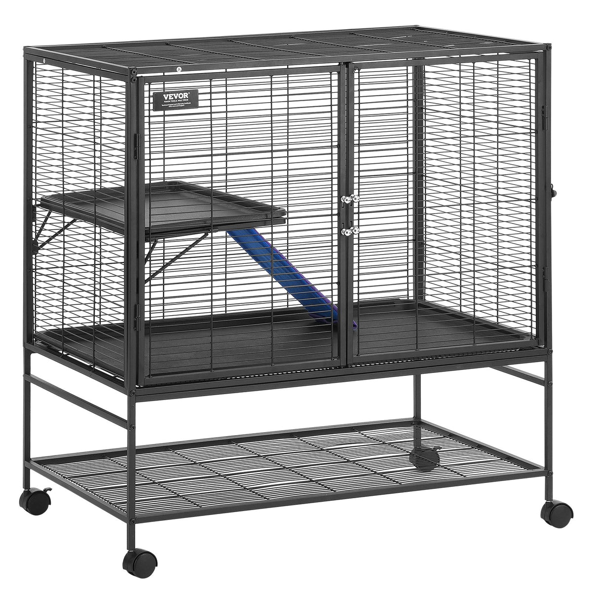 VEVOR divstāvu metāla sesku būris ar ritenīšiem, paplāti un rampu, 99 cm
