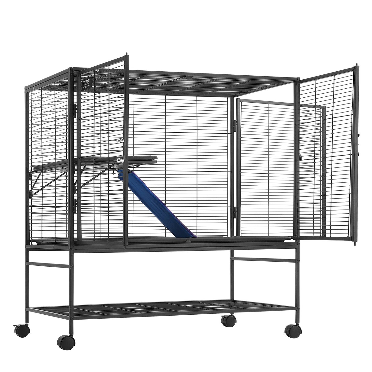 VEVOR divstāvu metāla sesku būris ar ritenīšiem, paplāti un rampu, 99 cm