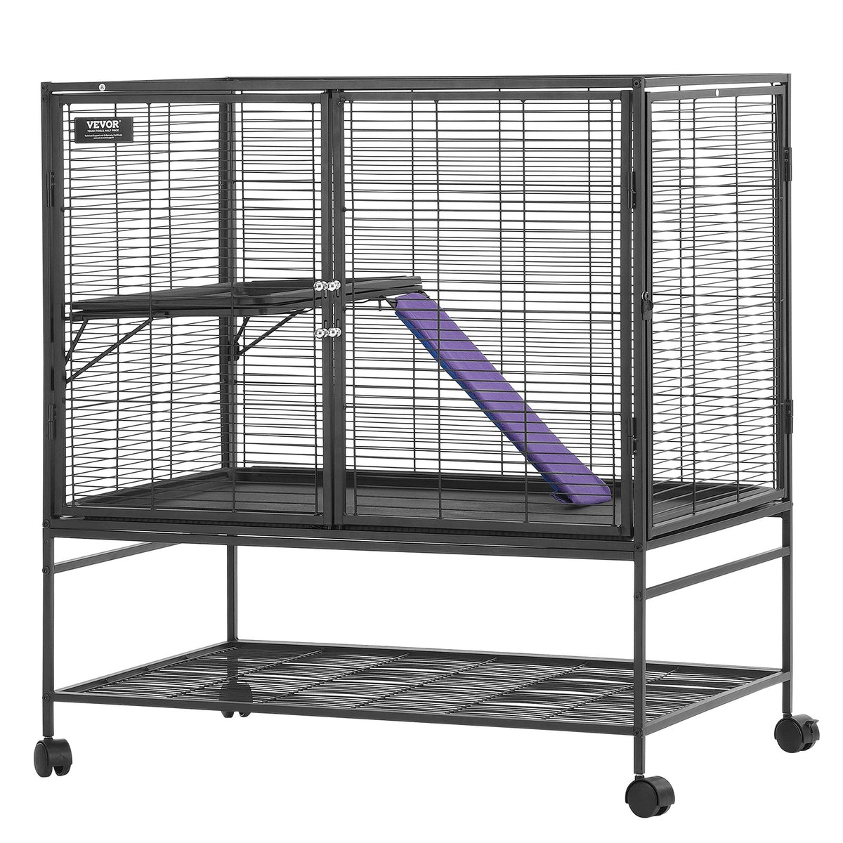 VEVOR divstāvu metāla sesku būris ar ritenīšiem, paplāti un rampu, 99 cm