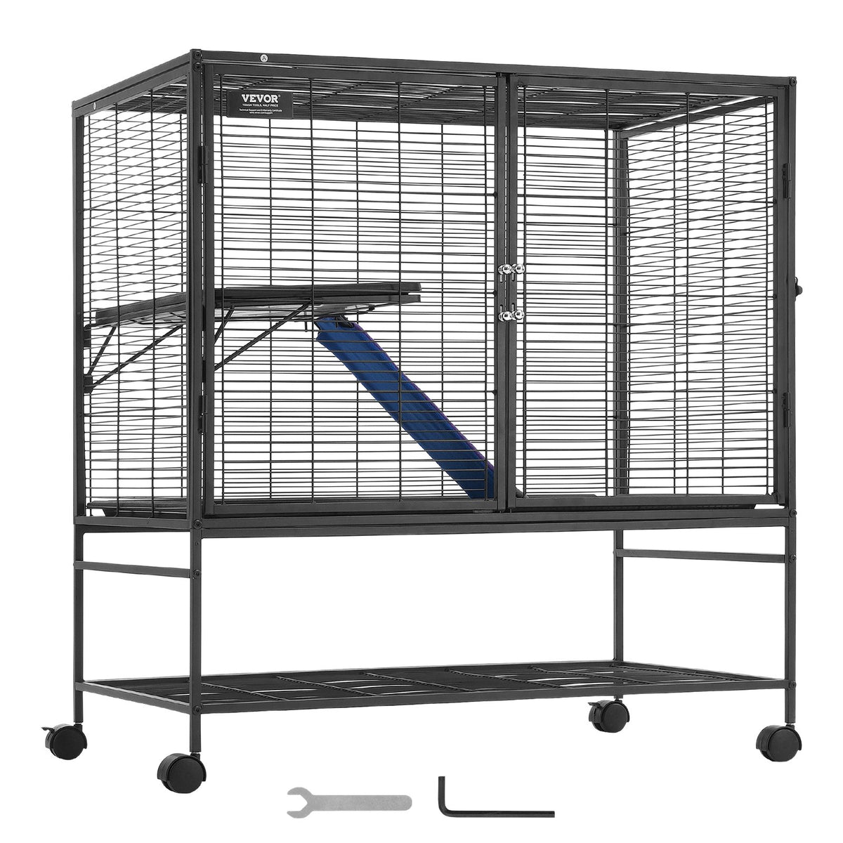 VEVOR divstāvu metāla sesku būris ar ritenīšiem, paplāti un rampu, 99 cm