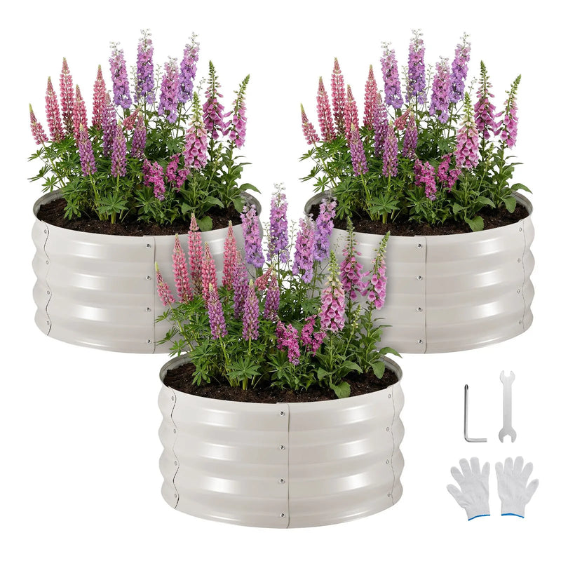 VEVOR 3 gab. cinkotas paaugstinātās dārza dobes 60 × 60 × 30 cm, apaļas metāla stādīšanas kastes bez apakšas ar cimdiem, Alu-cinka materiāls, ziedu, dārzeņu un garšaugu audzēšanai, bēša krāsa