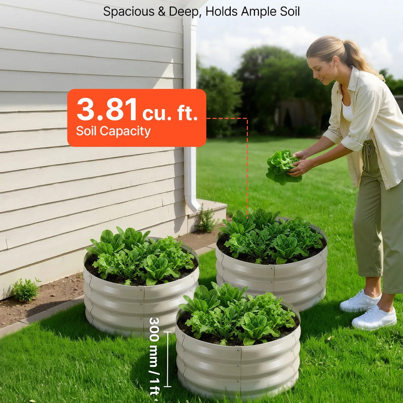 VEVOR 3 gab. cinkotas paaugstinātās dārza dobes 60 × 60 × 30 cm, apaļas metāla stādīšanas kastes bez apakšas ar cimdiem, Alu-cinka materiāls, ziedu, dārzeņu un garšaugu audzēšanai, bēša krāsa