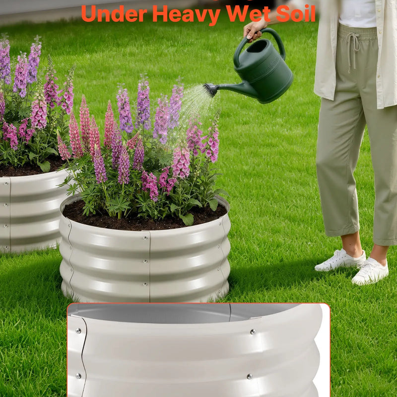 VEVOR 3 gab. cinkotas paaugstinātās dārza dobes 60 × 60 × 30 cm, apaļas metāla stādīšanas kastes bez apakšas ar cimdiem, Alu-cinka materiāls, ziedu, dārzeņu un garšaugu audzēšanai, bēša krāsa