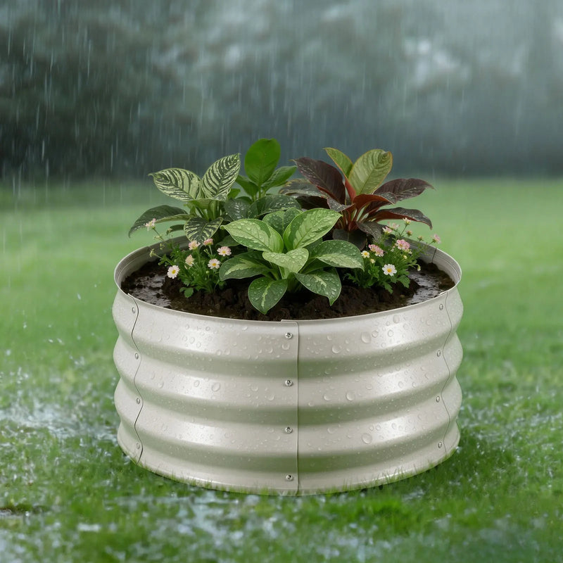 VEVOR 3 gab. cinkotas paaugstinātās dārza dobes 60 × 60 × 30 cm, apaļas metāla stādīšanas kastes bez apakšas ar cimdiem, Alu-cinka materiāls, ziedu, dārzeņu un garšaugu audzēšanai, bēša krāsa