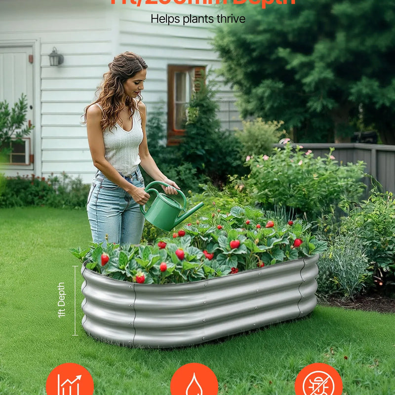 VEVOR metāla paaugstinātā dārza dobe 1,2 × 0,6 × 0,3 m, ovāla cinkota stādīšanas kaste ar atvērtu apakšu, liela stādāmā dobe dārzeņiem, ziediem un sukulentiem, cinkota krāsa