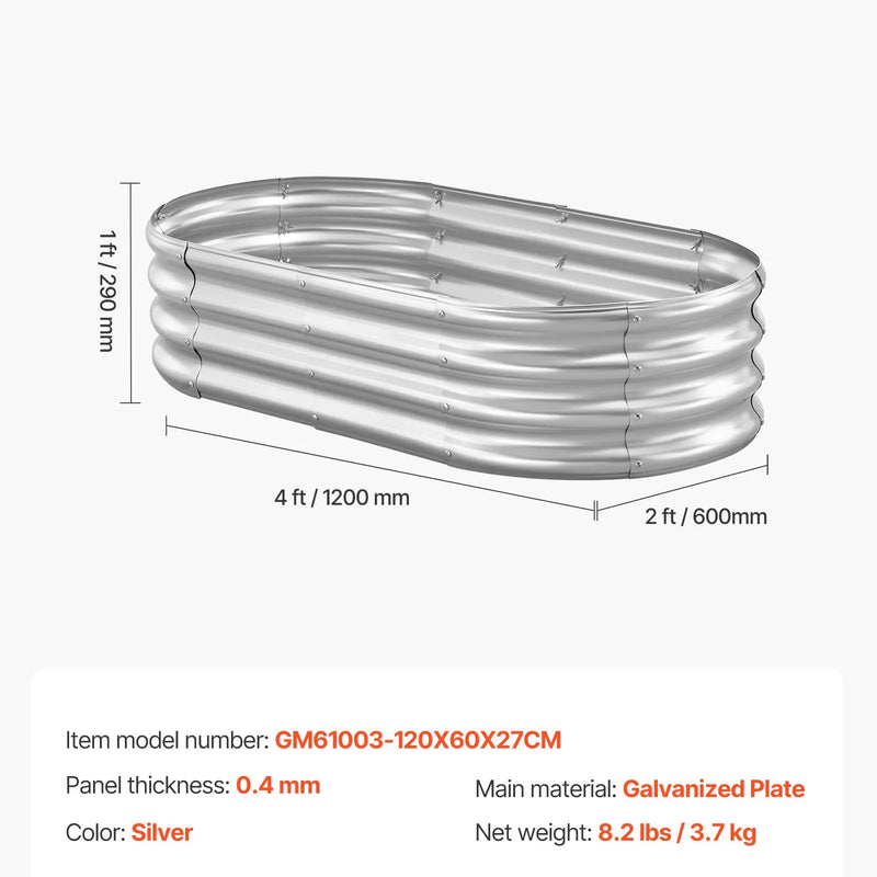 VEVOR metāla paaugstinātā dārza dobe 1,2 × 0,6 × 0,3 m, ovāla cinkota stādīšanas kaste ar atvērtu apakšu, liela stādāmā dobe dārzeņiem, ziediem un sukulentiem, cinkota krāsa