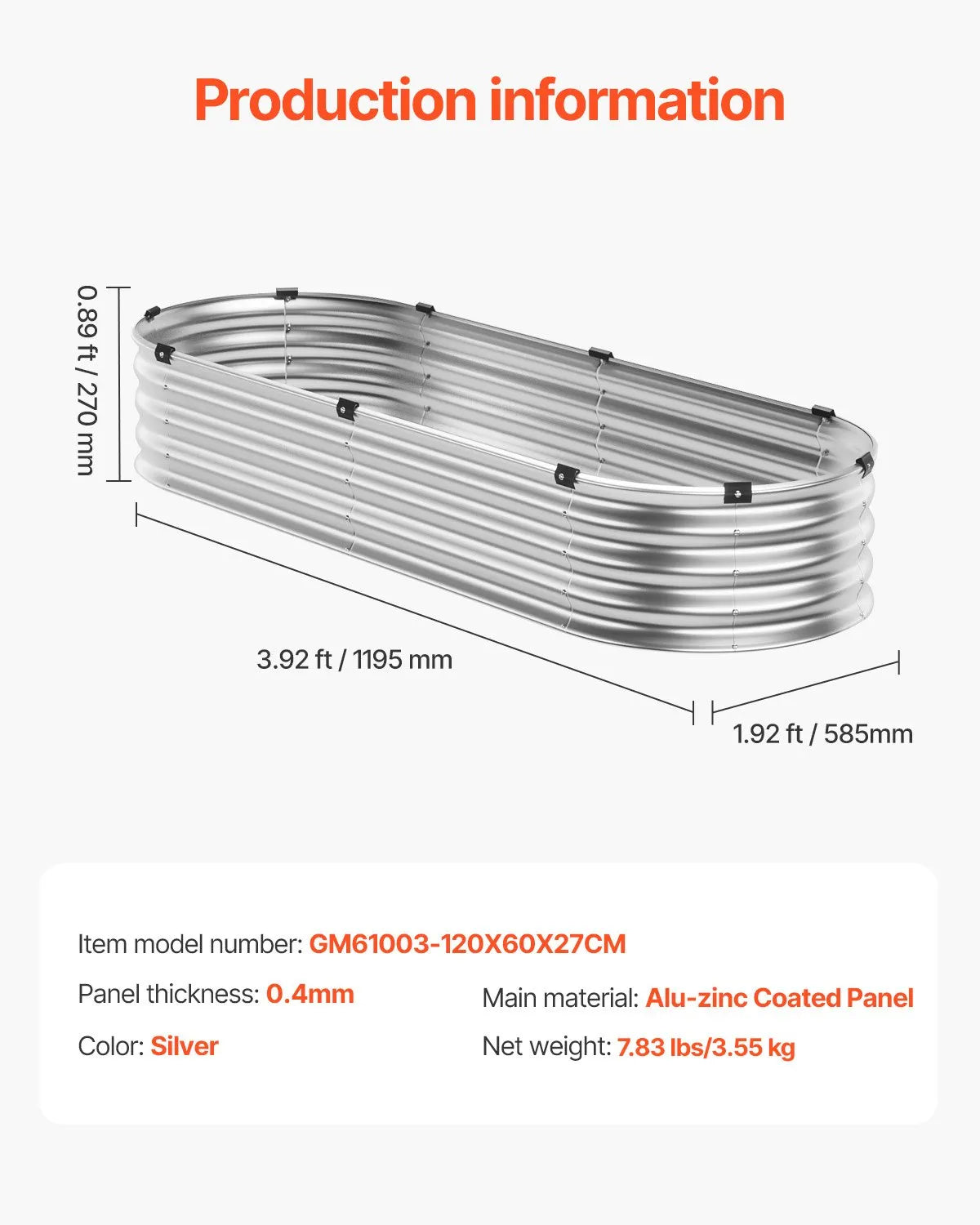 Metāla paaugstinātā dārza dobe 122 × 61 × 30 cm āra cinkota stādīšanas kaste sudraba krāsā