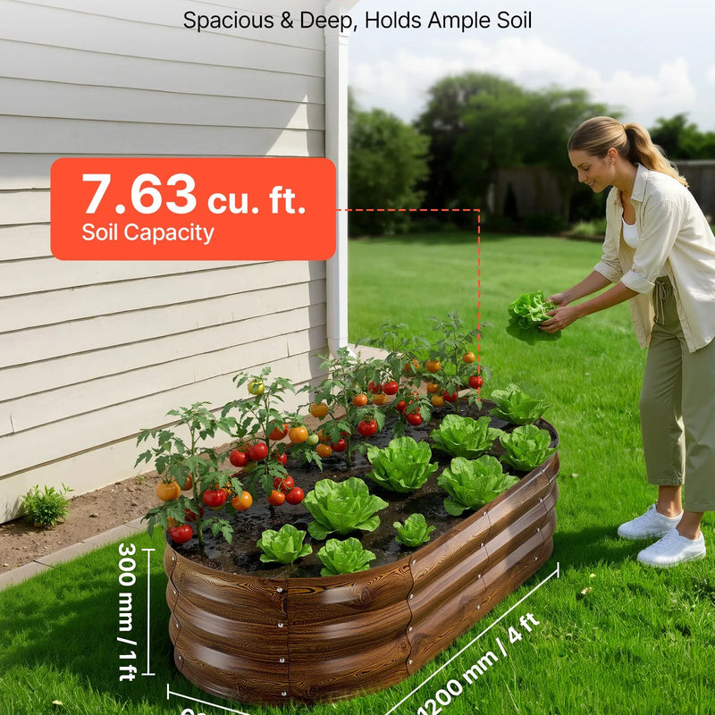 VEVOR 2 gab. cinkotas paaugstinātās dārza dobes 1200 x 600 x 300 mm, ovālas metāla stādāmās kastes komplekts āra lietošanai bez apakšas, alumīnija - cinka pārklājums, ar cimdiem, ziedu un dārzeņu stādīšanai, dziļas koka tekstūras dizains - ZEMLETES.LV