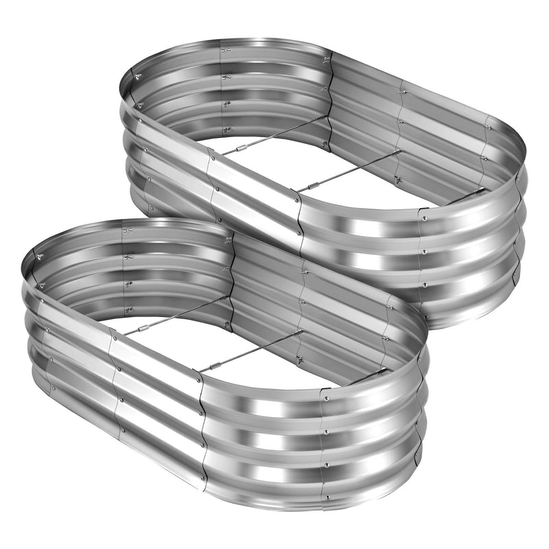 VEVOR cinkotas paaugstinātās dārza dobes 2 gab., 1200 × 600 × 300 mm, ovālas metāla stādīšanas kastes ar atvērtu apakšu, komplektā cimdi, alu-cinka pārklājums, ziedu un dārzeņu audzēšanai, sudraba krāsā