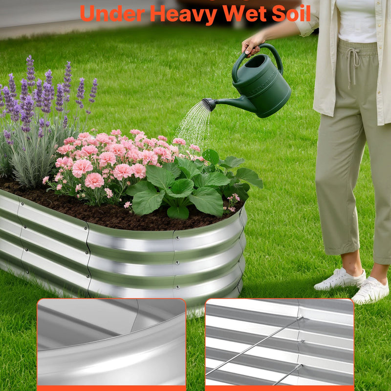 VEVOR cinkotas paaugstinātās dārza dobes 2 gab., 1200 × 600 × 300 mm, ovālas metāla stādīšanas kastes ar atvērtu apakšu, komplektā cimdi, alu-cinka pārklājums, ziedu un dārzeņu audzēšanai, sudraba krāsā