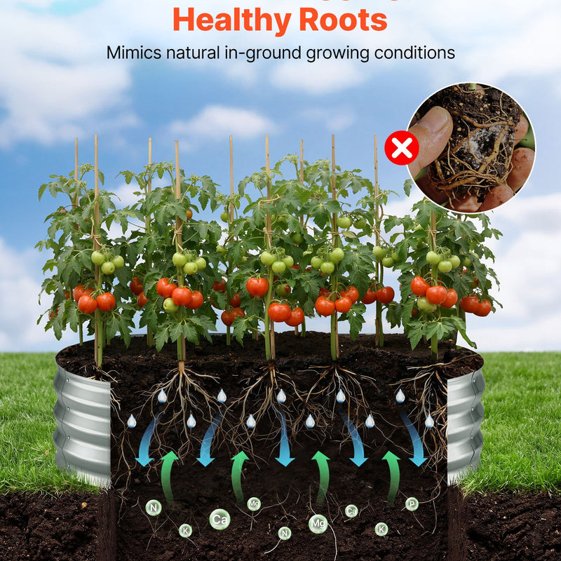 VEVOR cinkotas paaugstinātās dārza dobes 2 gab., 1200 × 600 × 300 mm, ovālas metāla stādīšanas kastes ar atvērtu apakšu, komplektā cimdi, alu-cinka pārklājums, ziedu un dārzeņu audzēšanai, sudraba krāsā