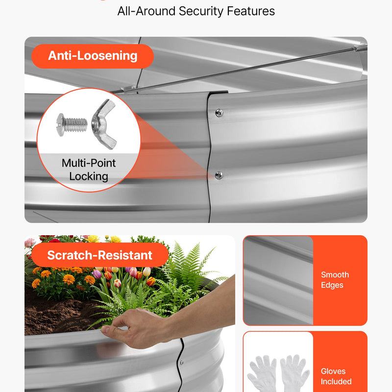 VEVOR cinkotas paaugstinātās dārza dobes 2 gab., 1200 × 600 × 300 mm, ovālas metāla stādīšanas kastes ar atvērtu apakšu, komplektā cimdi, alu-cinka pārklājums, ziedu un dārzeņu audzēšanai, sudraba krāsā