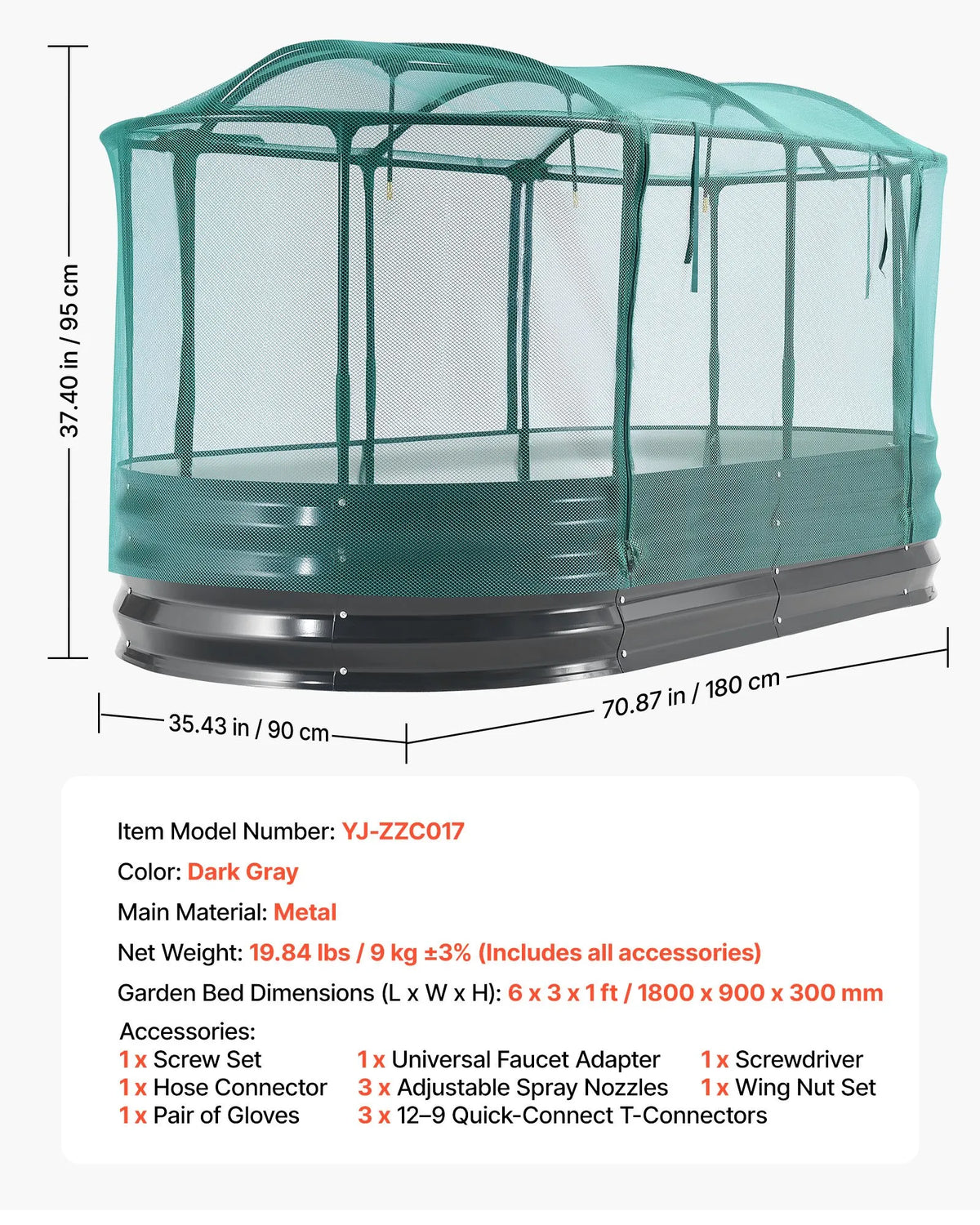 VEVOR paaugstinātā dārza dobe 1800 x 900 x 300 mm ar pašlaistīšanas sistēmu un sieta pārsegu, ovāla metāla stādīšanas kaste no alu - cinka ar pretrūsas pārklājumu, piemērota ziediem, augļiem un dārzeņiem, tumši pelēka - ZEMLETES.LV