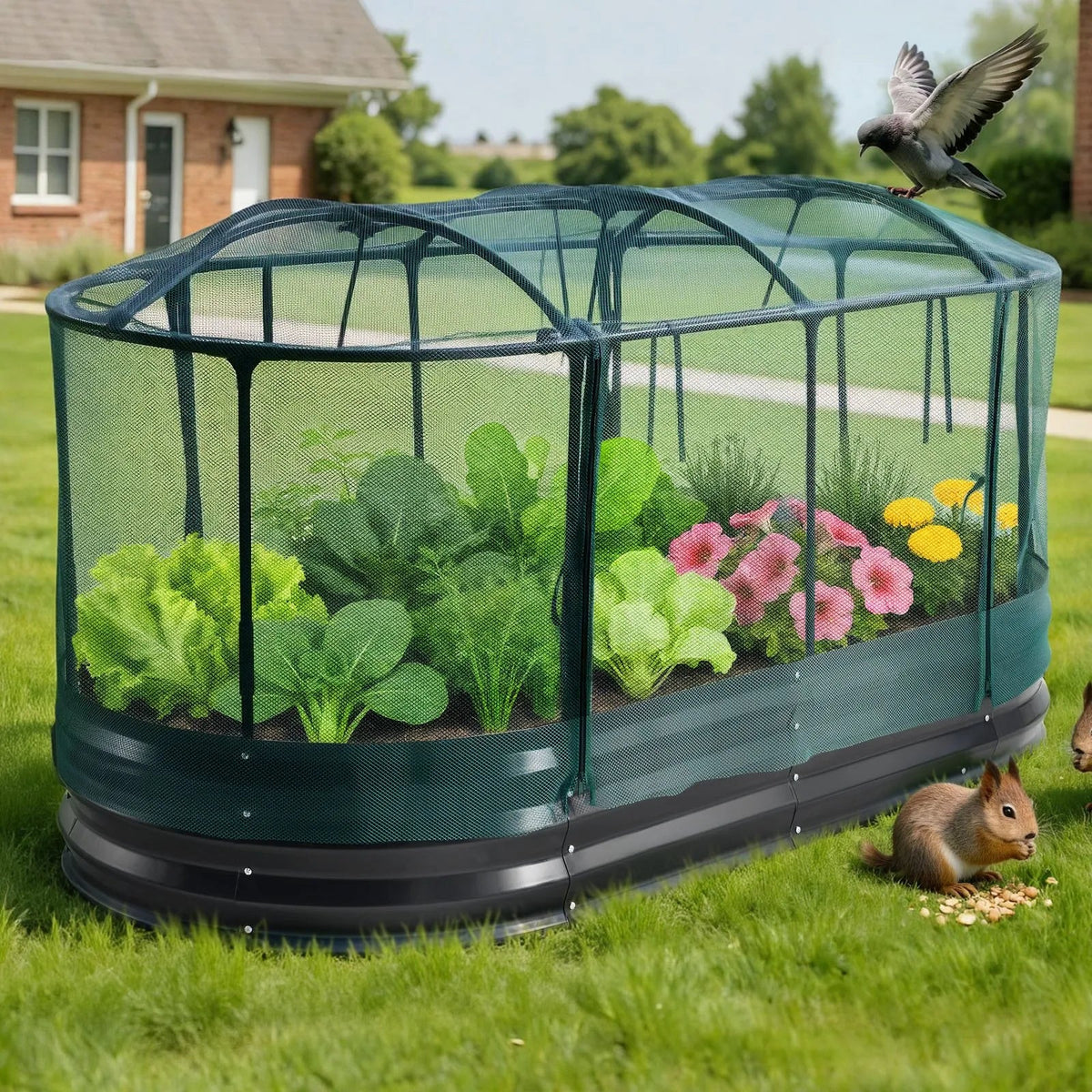 VEVOR paaugstinātā dārza dobe 1800 x 900 x 300 mm ar pašlaistīšanas sistēmu un sieta pārsegu, ovāla metāla stādīšanas kaste no alu - cinka ar pretrūsas pārklājumu, piemērota ziediem, augļiem un dārzeņiem, tumši pelēka - ZEMLETES.LV