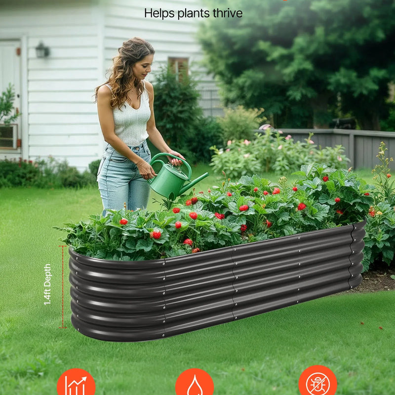 VEVOR metāla paaugstinātā dārza dobe 2,0 x 0,6 x 0,4 m, ovāla Galvalume tērauda stādīšanas kaste ar atvērtu apakšu dārzeņiem, ziediem un sukulentiem, tumši pelēka