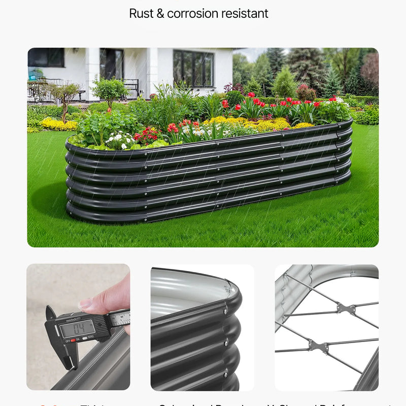 VEVOR metāla paaugstinātā dārza dobe 2,0 x 0,6 x 0,4 m, ovāla Galvalume tērauda stādīšanas kaste ar atvērtu apakšu dārzeņiem, ziediem un sukulentiem, tumši pelēka