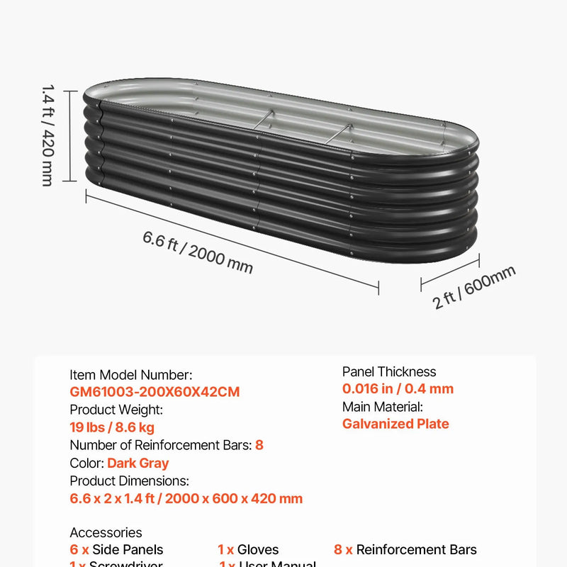 VEVOR metāla paaugstinātā dārza dobe 2,0 x 0,6 x 0,4 m, ovāla Galvalume tērauda stādīšanas kaste ar atvērtu apakšu dārzeņiem, ziediem un sukulentiem, tumši pelēka