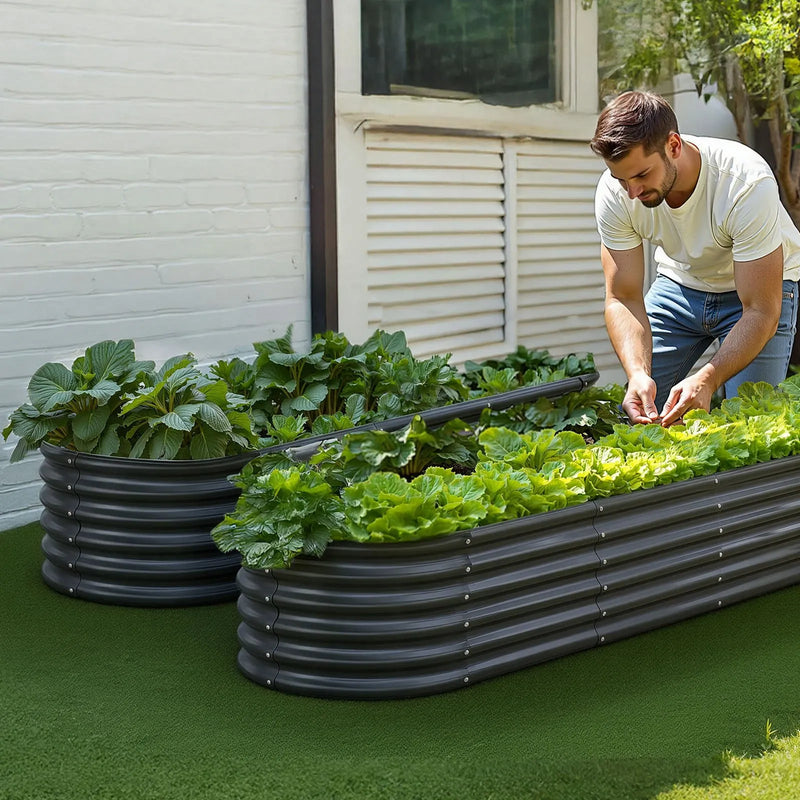 VEVOR metāla paaugstinātā dārza dobe 2,0 x 0,6 x 0,4 m, ovāla Galvalume tērauda stādīšanas kaste ar atvērtu apakšu dārzeņiem, ziediem un sukulentiem, tumši pelēka