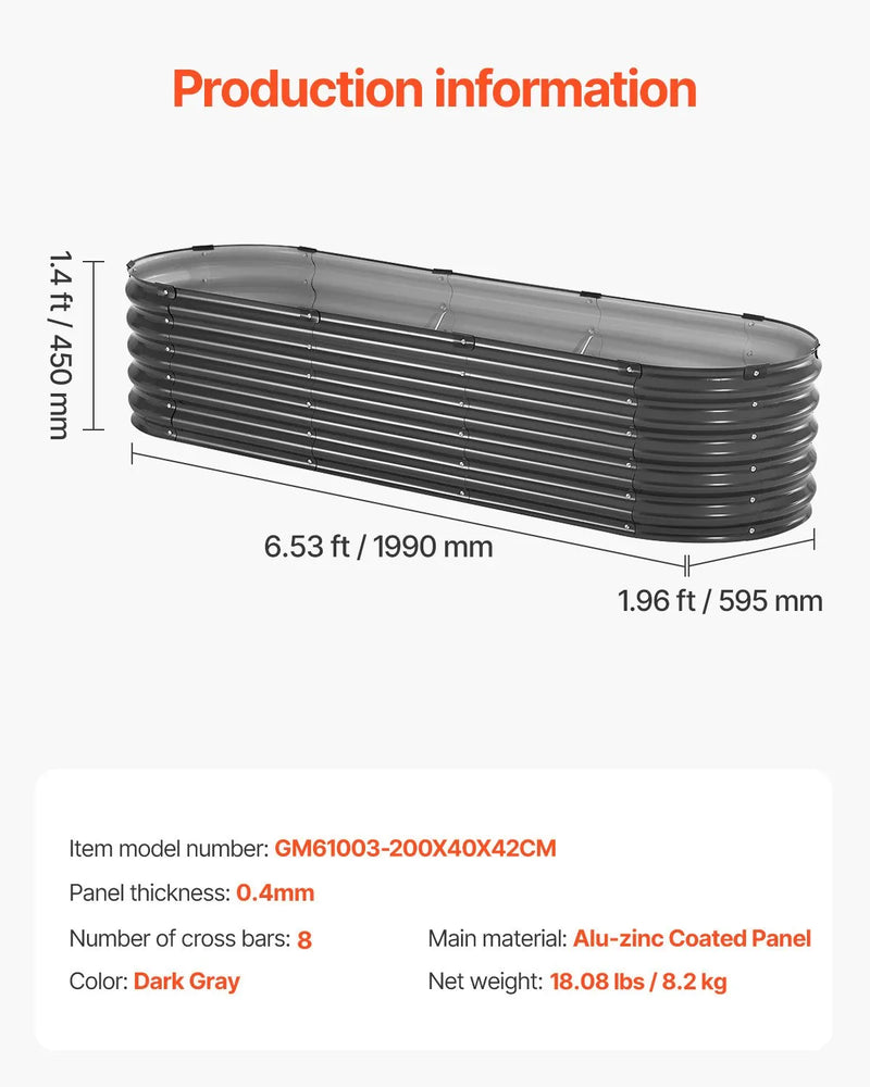 Metāla paaugstinātā dārza dobe 199 × 60 × 43 cm cinkota stādīšanas kaste tumši pelēka