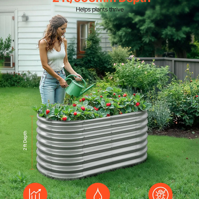 VEVOR Metāla paaugstinātā dārza dobe 1,2 × 0,6 × 0,6 m, ovāla āra cinkota stādīšanas kaste ar atvērtu pamatni, liela paaugstinātā dobe dārzeņu, ziedu un sukulentu audzēšanai, cinkota krāsa