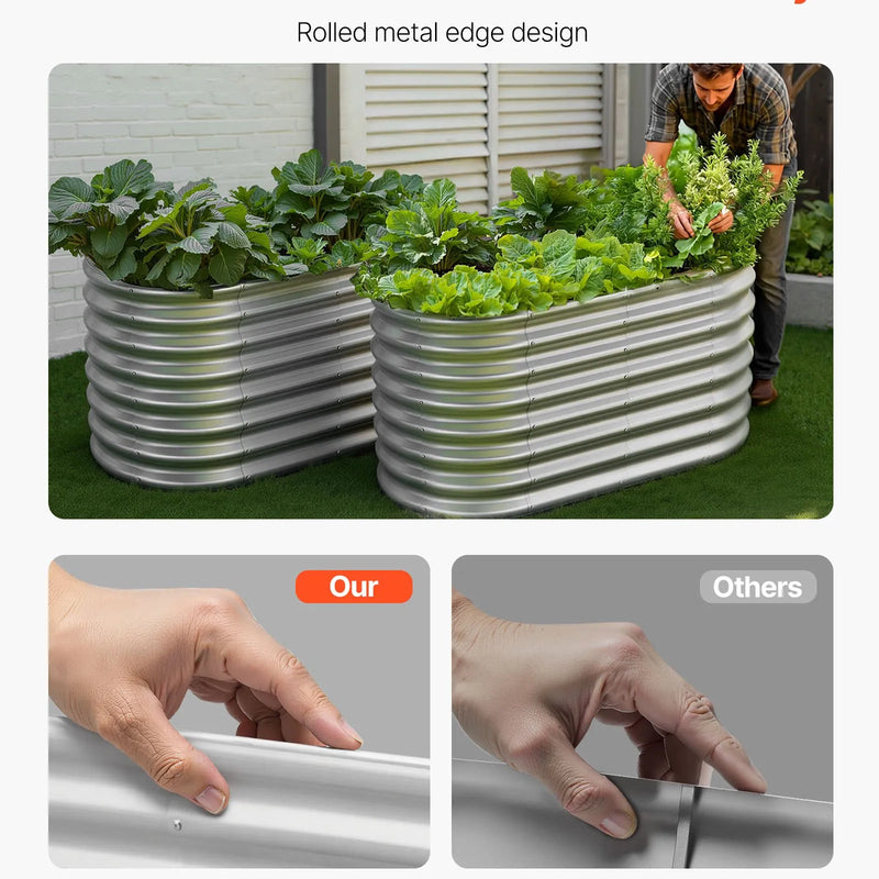 VEVOR Metāla paaugstinātā dārza dobe 1,2 × 0,6 × 0,6 m, ovāla āra cinkota stādīšanas kaste ar atvērtu pamatni, liela paaugstinātā dobe dārzeņu, ziedu un sukulentu audzēšanai, cinkota krāsa