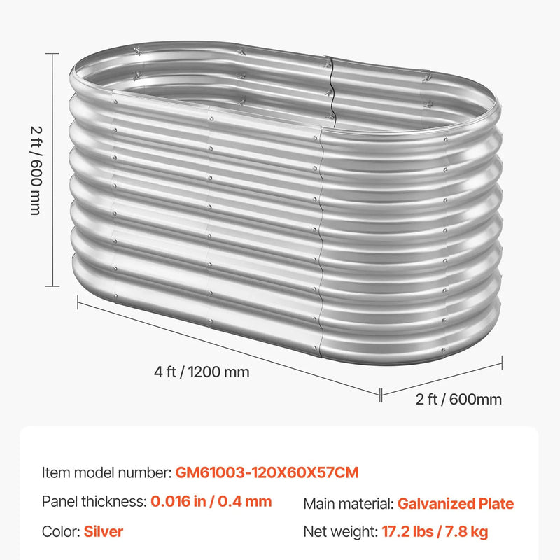 VEVOR Metāla paaugstinātā dārza dobe 1,2 × 0,6 × 0,6 m, ovāla āra cinkota stādīšanas kaste ar atvērtu pamatni, liela paaugstinātā dobe dārzeņu, ziedu un sukulentu audzēšanai, cinkota krāsa