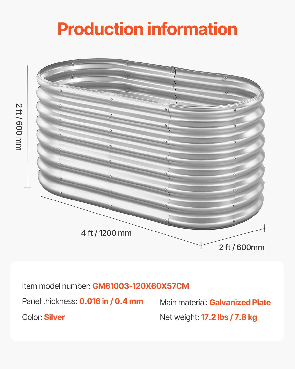 VEVOR Metāla paaugstinātā dārza dobe 1,2 × 0,6 × 0,6 m, ovāla āra cinkota stādīšanas kaste ar atvērtu pamatni, liela paaugstinātā dobe dārzeņu, ziedu un sukulentu audzēšanai, cinkota krāsa - ZEMLETES.LV