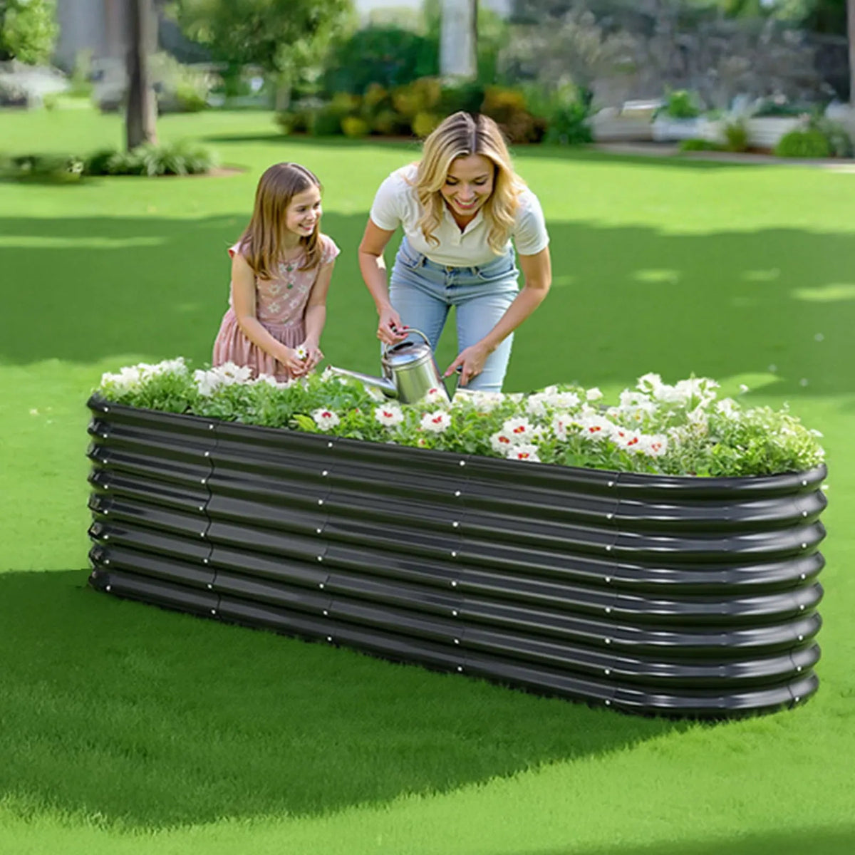 VEVOR ovāla cinkota metāla paaugstinātā dārza dobe 2,4 × 0,6 × 0,6 m ar atvērtu apakšu dārzeņu, ziedu, garšaugu un sukulentu audzēšanai, tumši pelēka - ZEMLETES.LV
