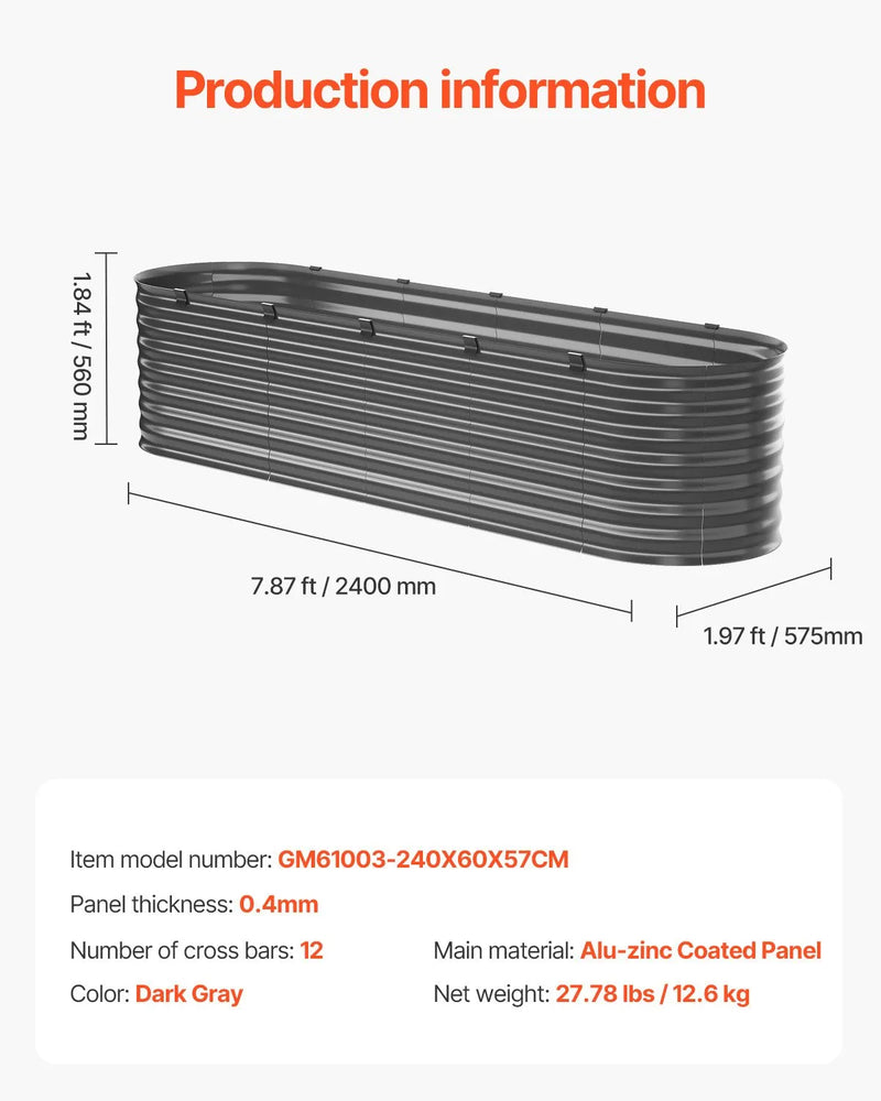 Metāla paaugstinātā dārza dobe 244 × 61 × 61 cm āra cinkota stādīšanas kaste tumši pelēka