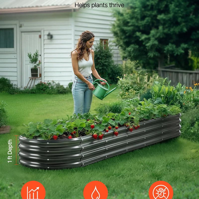 VEVOR metāla paaugstinātā dārza dobe 2,4 × 0,6 × 0,3 m, ovāla cinkota āra stādīšanas kaste ar atvērtu apakšu, liela dobe dārzeņu, ziedu, garšaugu un sukulentu audzēšanai, tumši pelēka