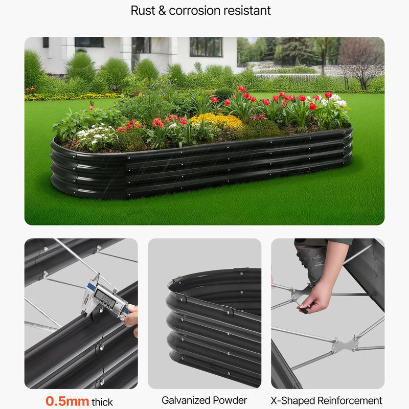 VEVOR metāla paaugstinātā dārza dobe 2,4 × 0,6 × 0,3 m, ovāla cinkota āra stādīšanas kaste ar atvērtu apakšu, liela dobe dārzeņu, ziedu, garšaugu un sukulentu audzēšanai, tumši pelēka